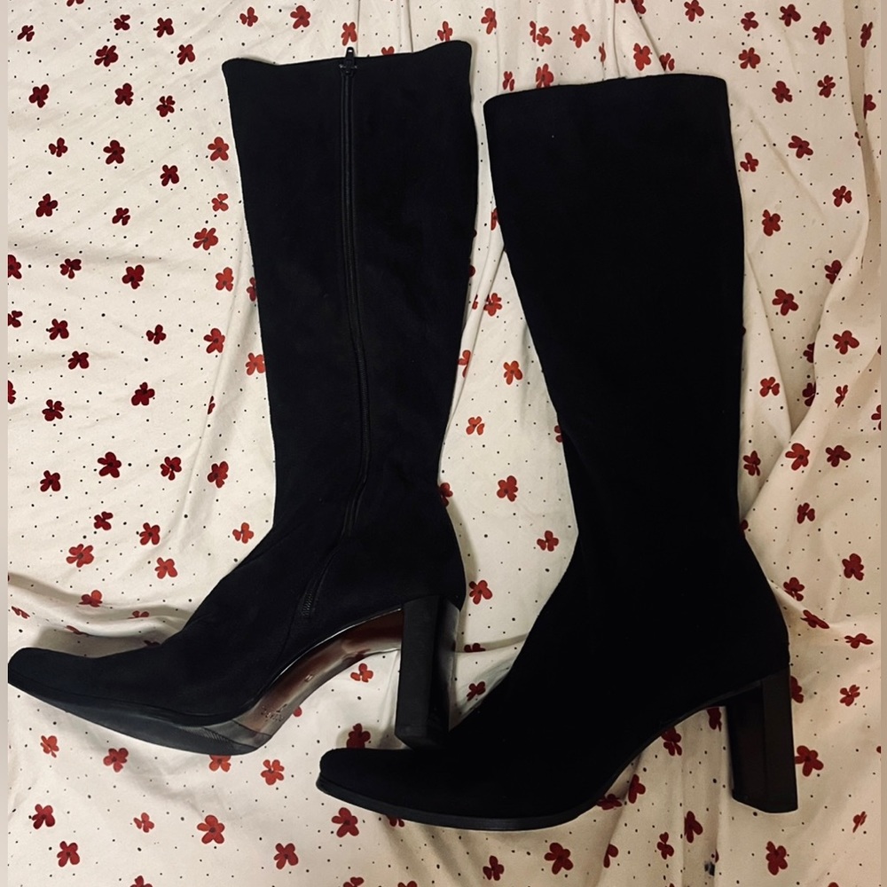 Vintage Suede Knee High Black Chunky Heel Boot